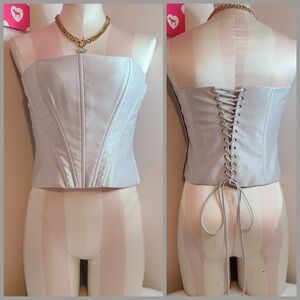 Y2K BCBGMAXAZRIA Platinum Satin Lace-up Back Corset Top Size 8